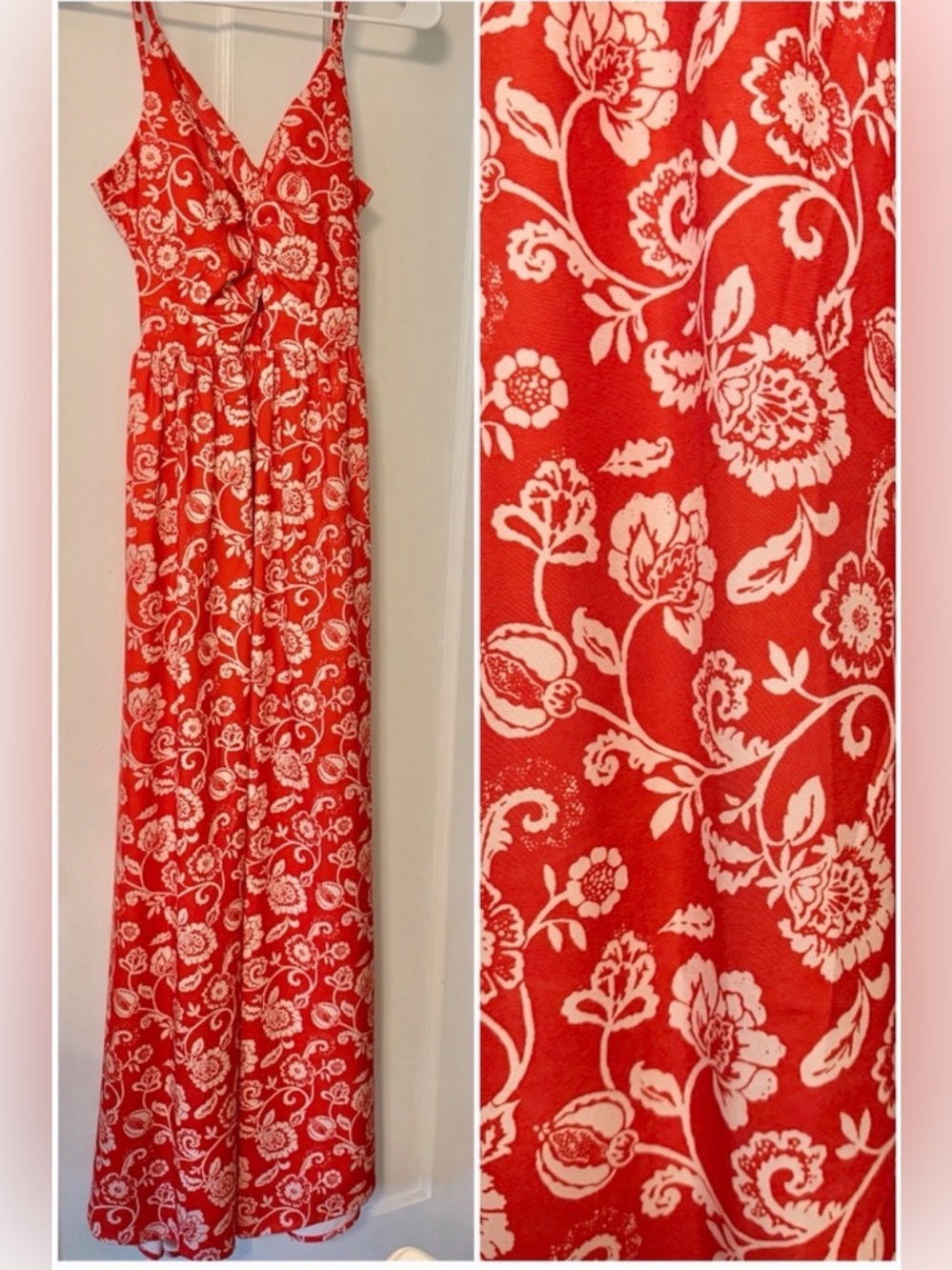 NWT Women’s XS Cupshe Vibrant Red Floral Maxi Dress NEW WITH TAG Tie Back Boho